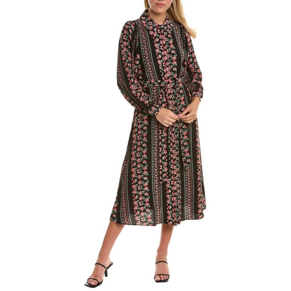 Boden New Shirt Dress Size 8L Marcia Jersey Black Red Floral Tie Waist D0478